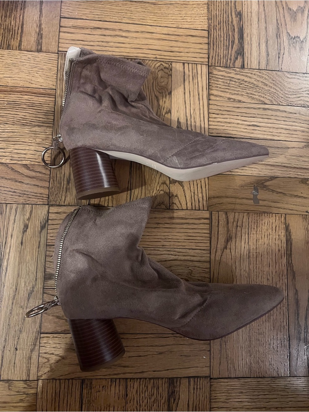 Zara Taupe Suede Pointed Toe Ankle Booties with Stacked Heel